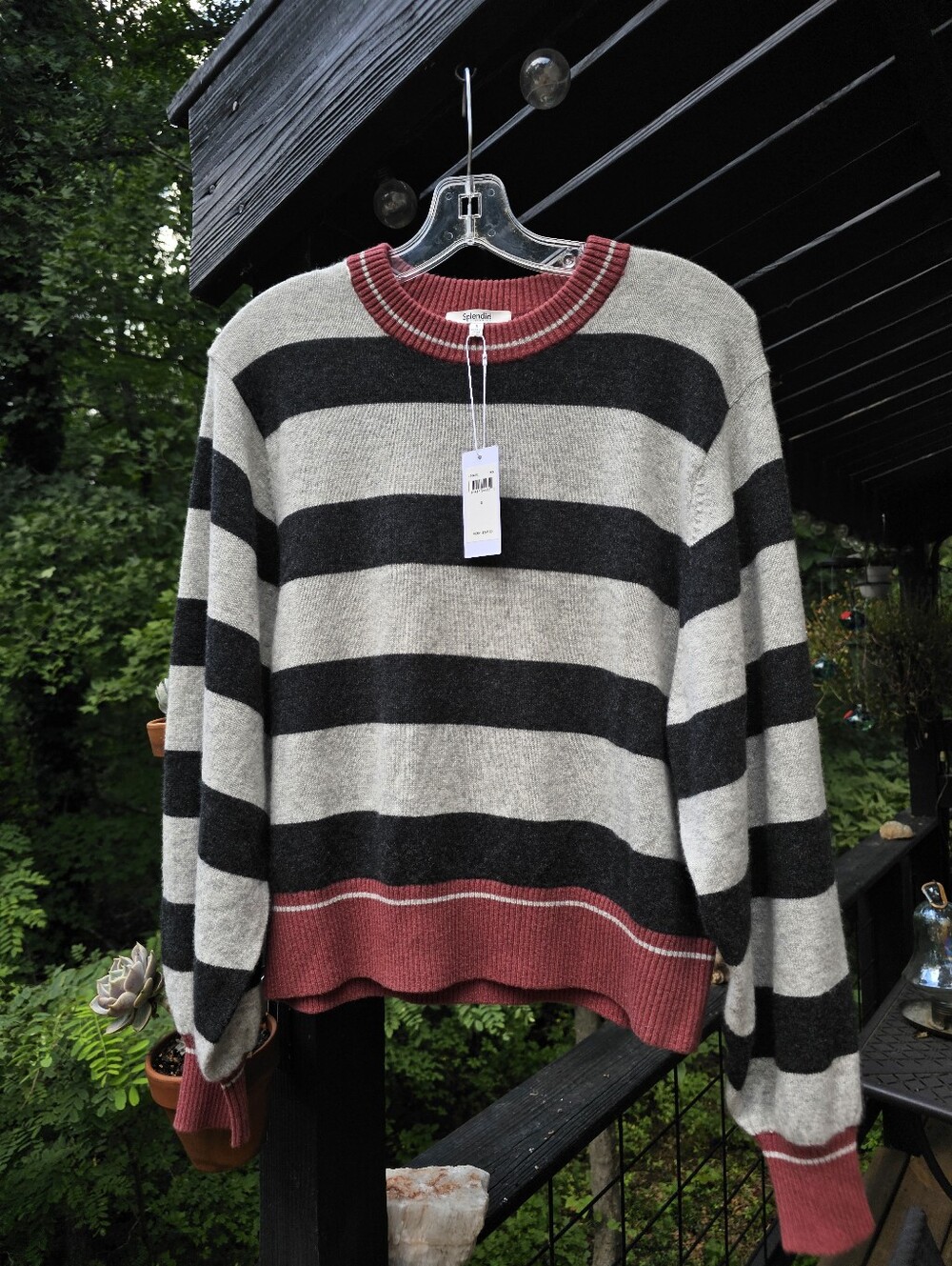 Splendid Cashmere Striped Crewneck Sweater in Gray & Black with Red Trim
